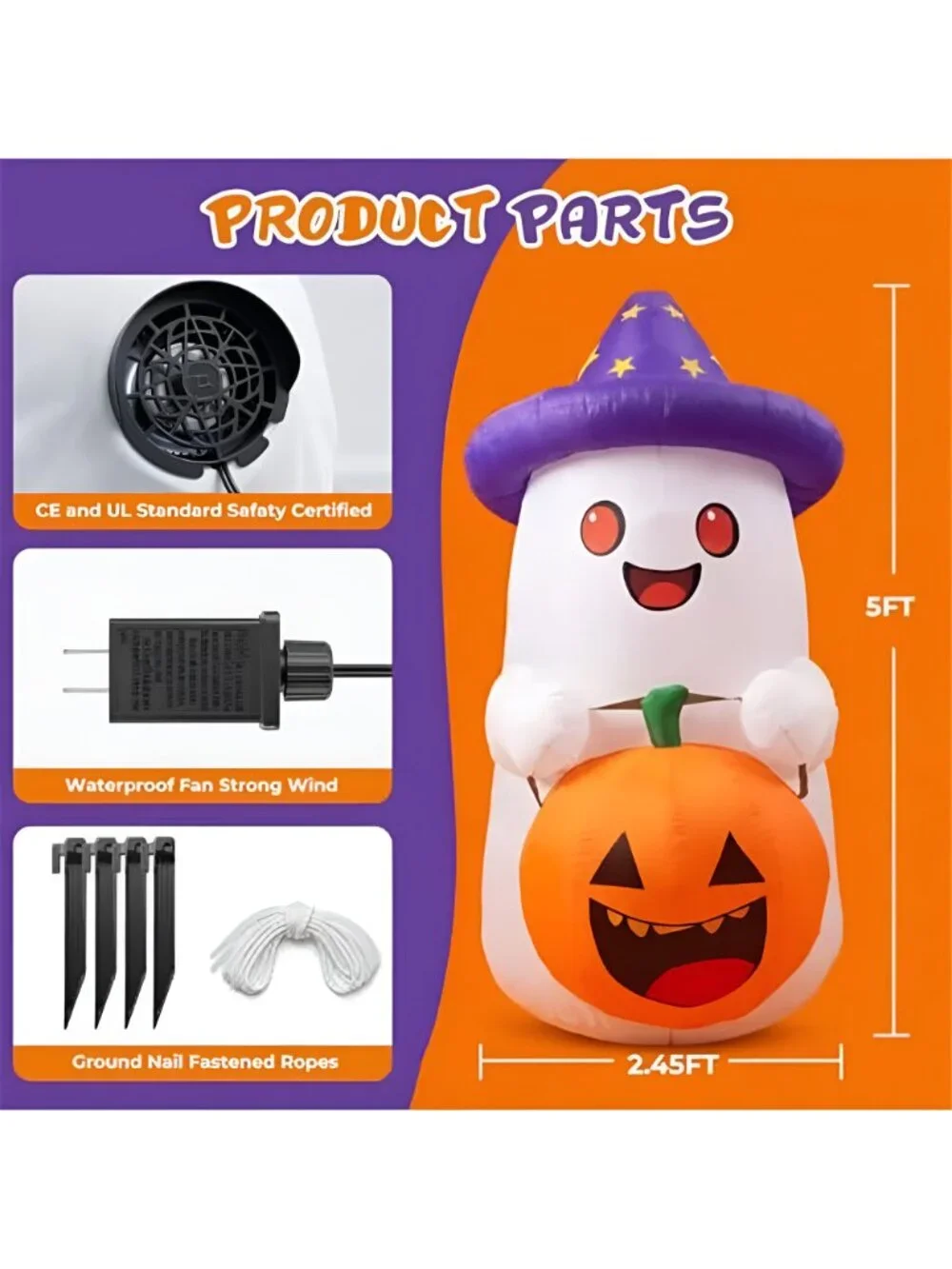 5 FT Halloween Inflatables Decor, Cute Inflatable Ghost with Pumpkin, Built-in